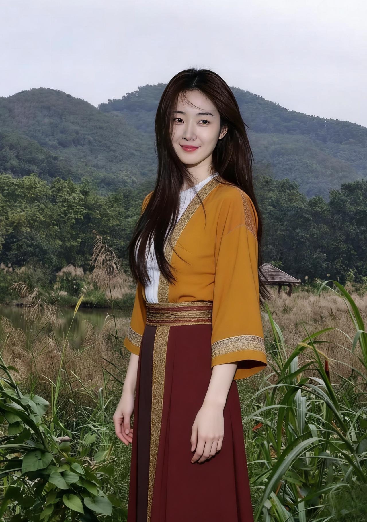 疏苇苍苍覆野塘，木桥曲曲立秋光。褐衫浅露凝脂腻，红裙轻系落蕊香。云鬓斜簪风里