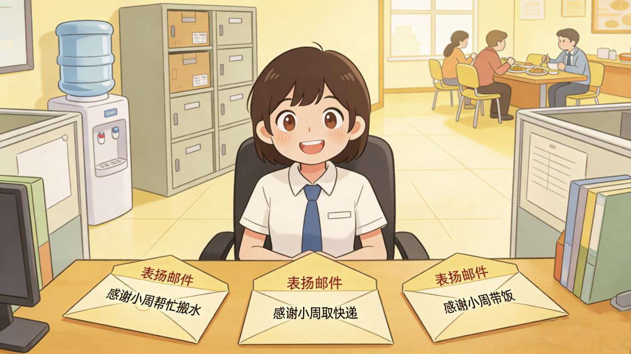 公司有个传统：每周五发“表扬邮件”，实名感谢帮助过自己的同事。新来的实习生小周