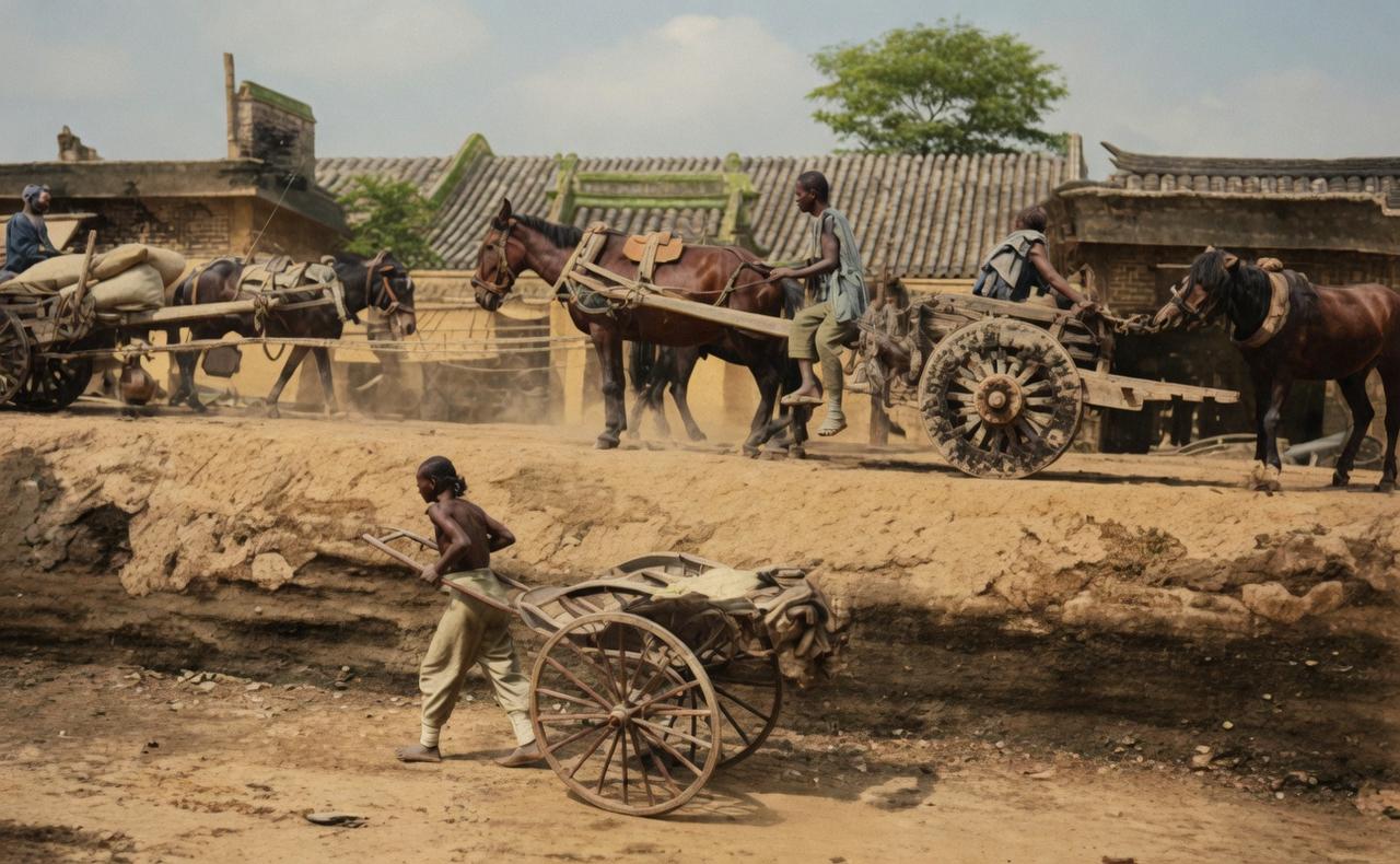 1901年，北京街头，高低错落的道路上，数辆由骡马牵引的大车，车轮巨大，车身上载