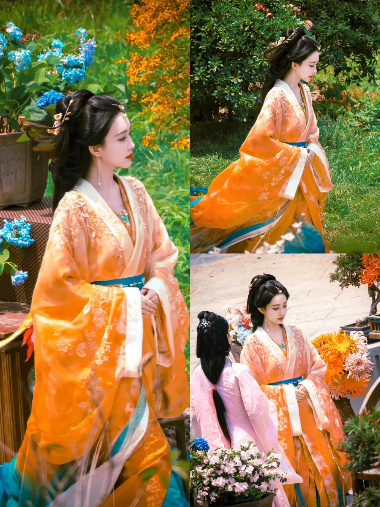 孟子义百花杀这套造型好亮眼，忍不住存图了橘色系真的好亮眼​​​
