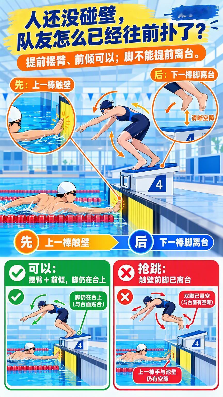 人还没碰壁，队友怎么已经往前扑了？#游泳接力为什么能提前做动作#回看这届亚运会的游泳接力，有个画面特
