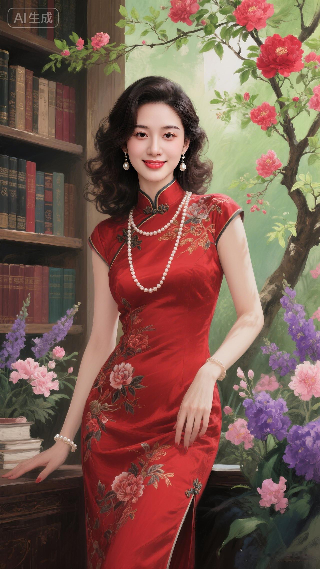 优雅旗袍美人，书香与花香的完美融合。