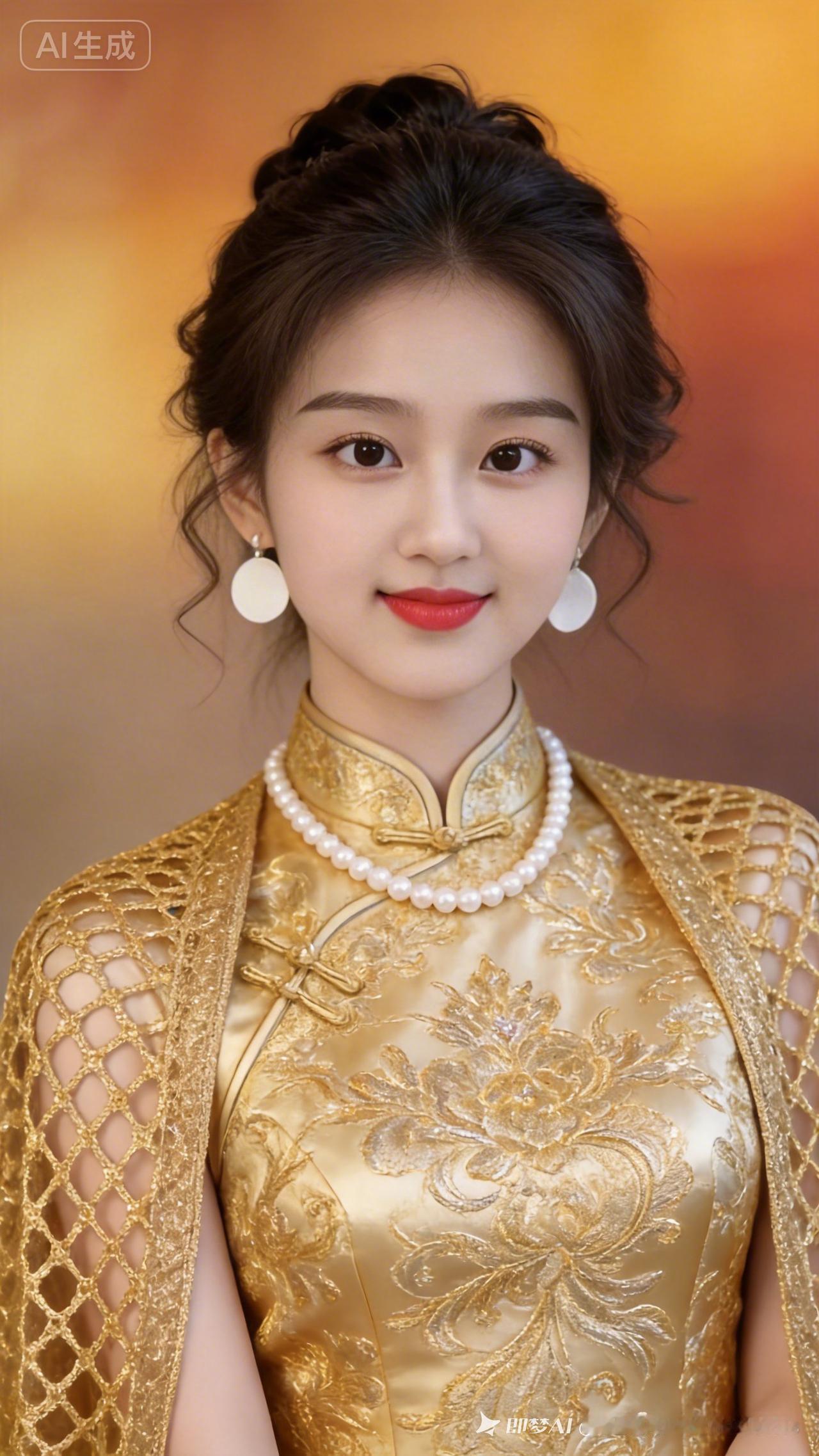 优雅古风少女，金衣华裳，珍珠点缀，韵味十足。