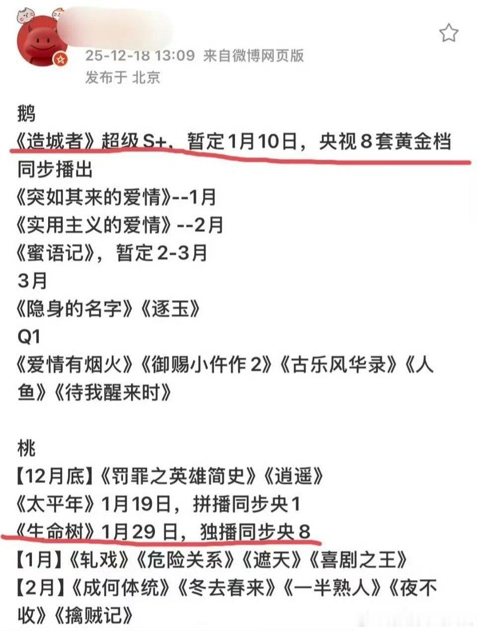 赵丽颖《造城者》、杨紫《生命树》都预计上星央八1月档，而且是无缝接档。到时候肯定