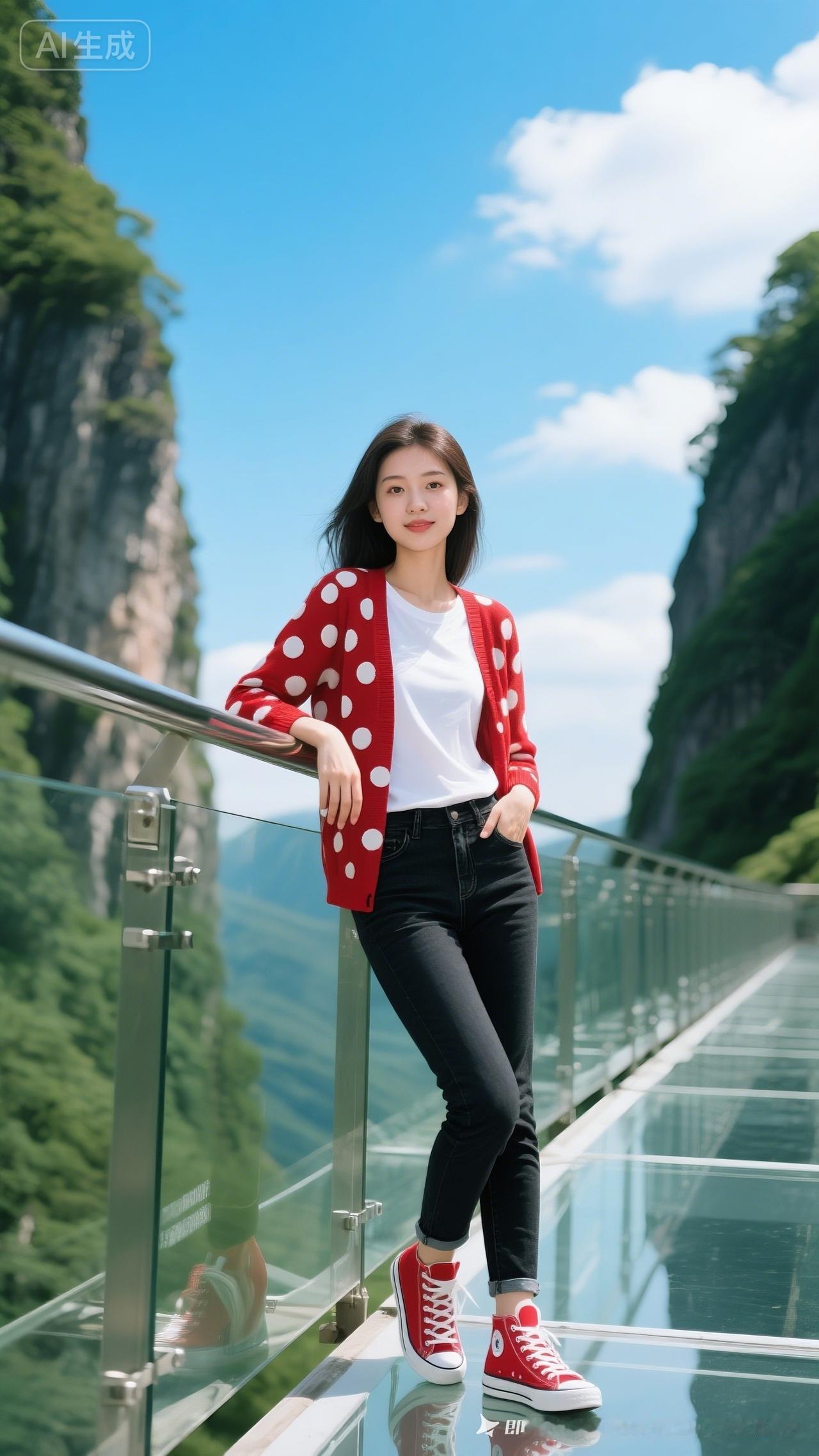 打卡悬崖玻璃栈道，红白穿搭超吸睛！📸👗👟