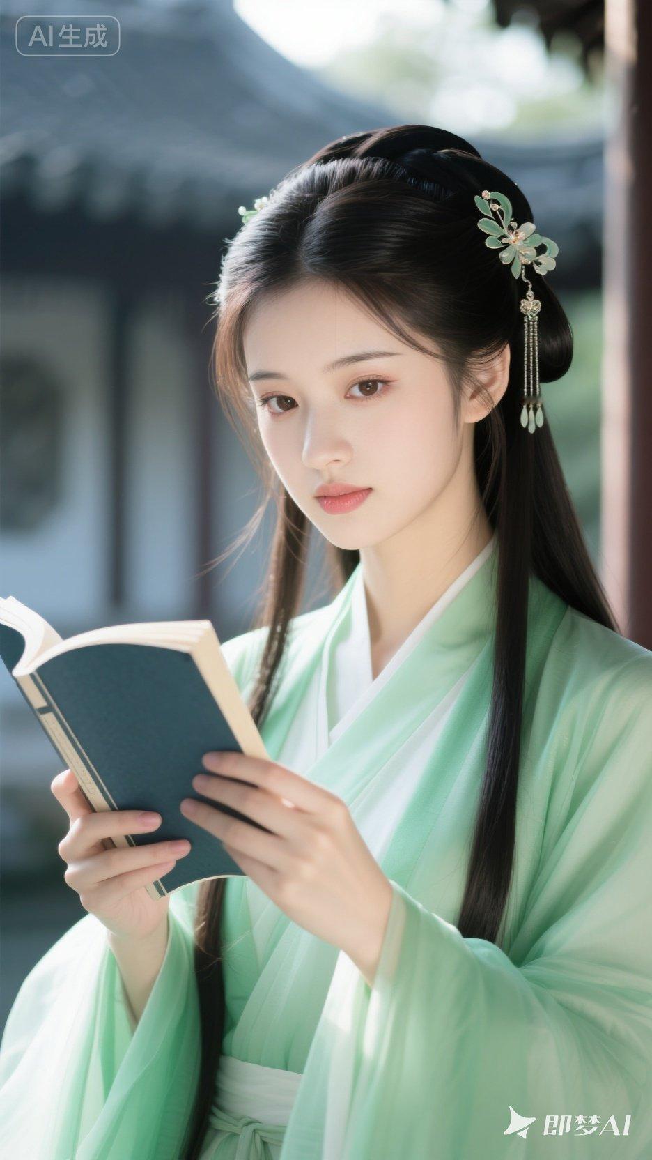 古风美人手捧书卷，静谧如画