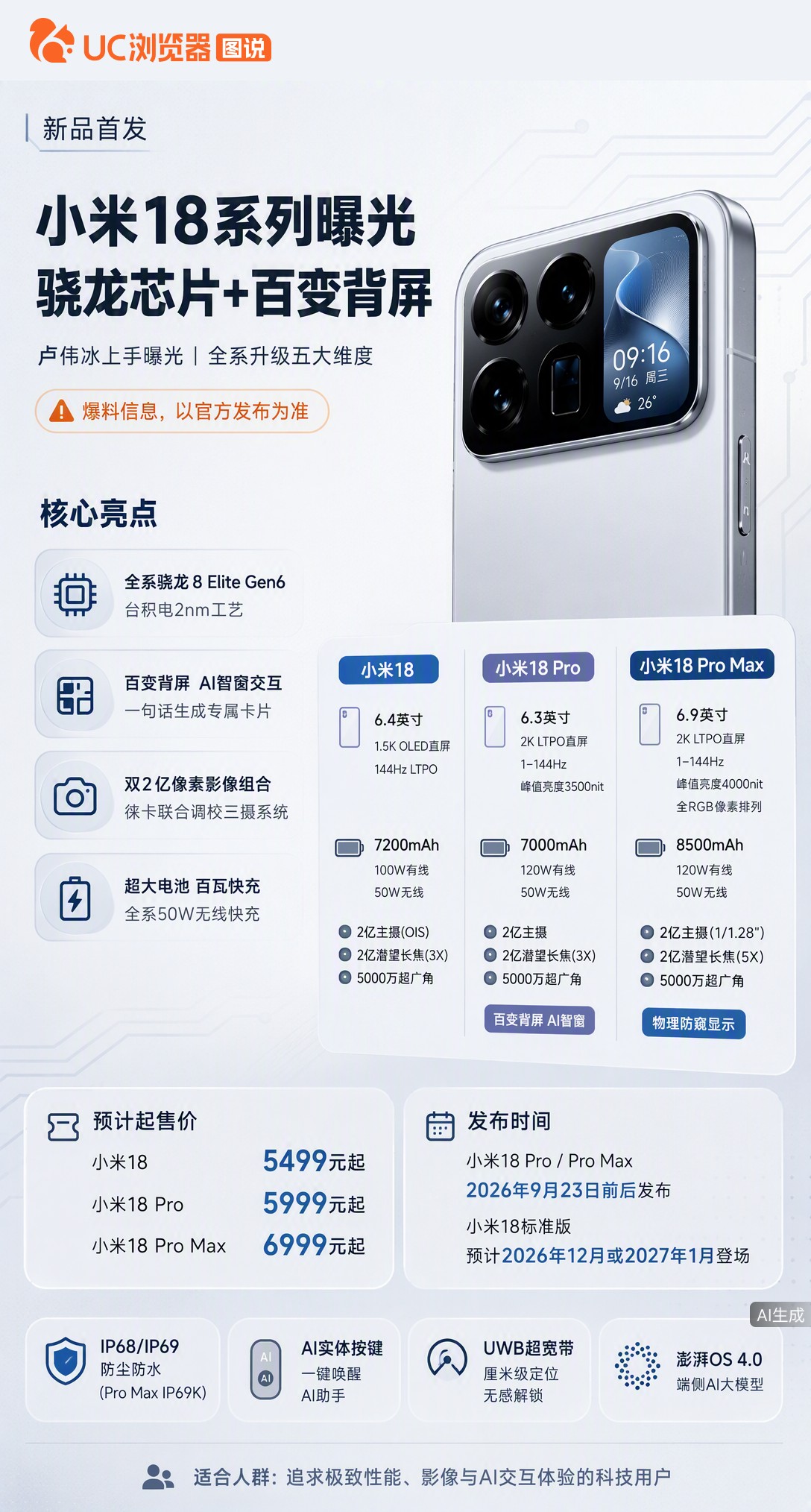 小米18真机曝光！ProMax塞进8500mAh电池还上2nm骁龙，背屏能让AI生成专属卡片。标准版