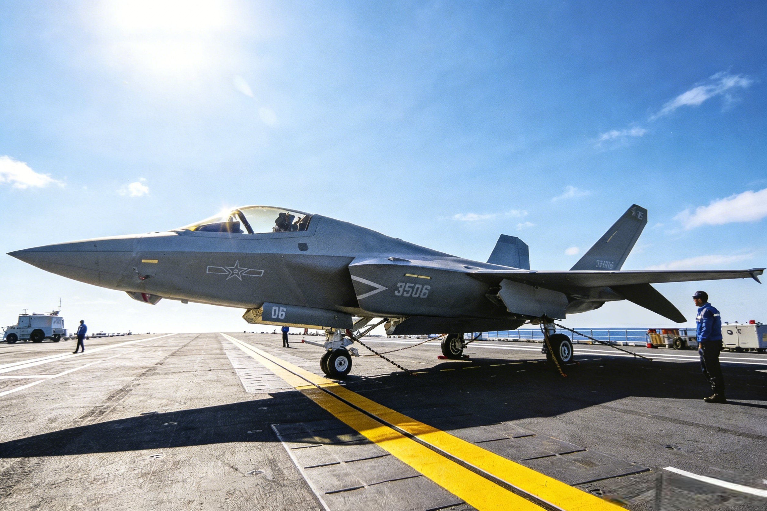 歼35舰载机美图现在的J15T已经能纵横西太平洋，等到明年J35大批量上舰后(