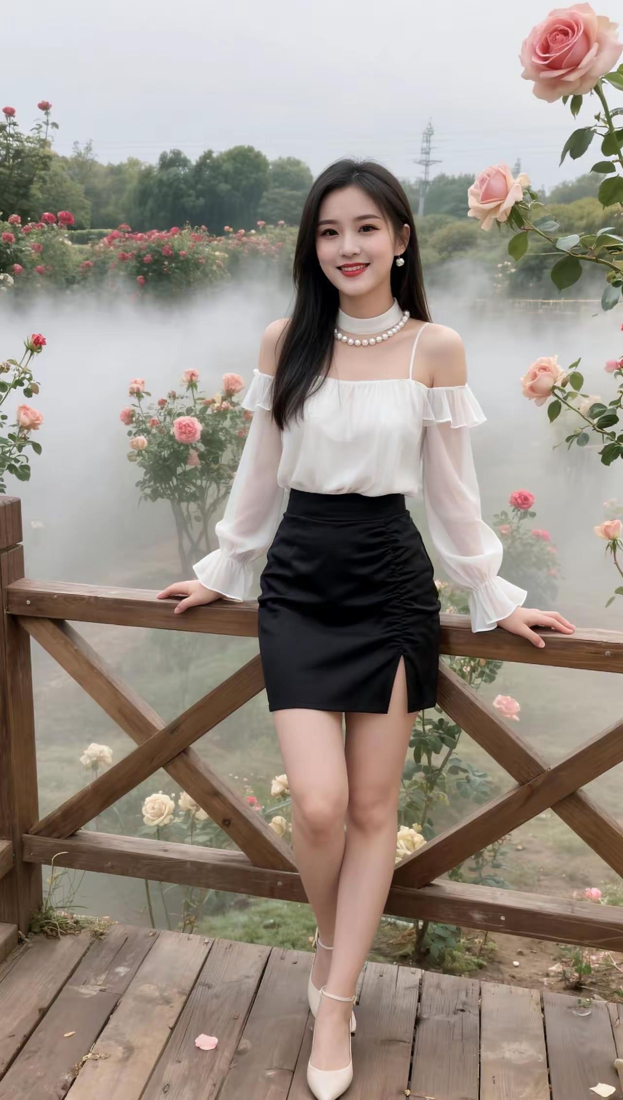 梦幻花园中的优雅少女，玫瑰花瓣飘落，浪漫气息扑面而来。美
