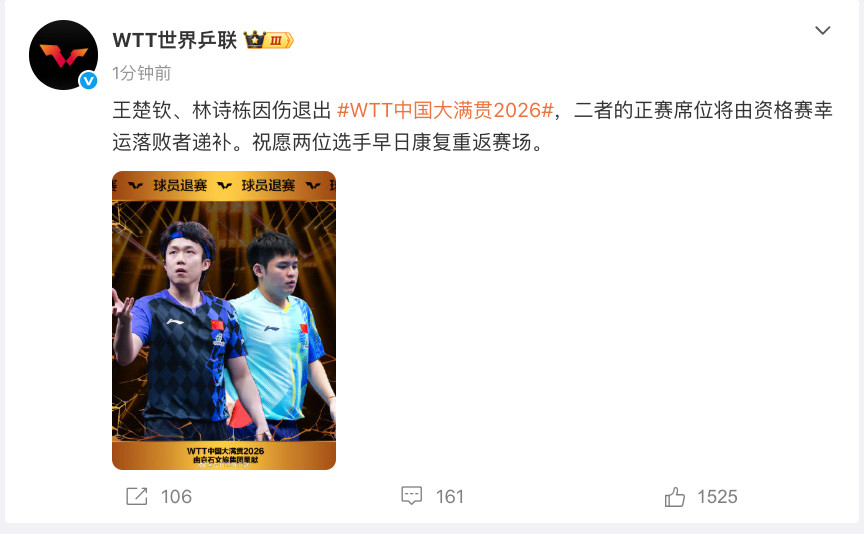 #王楚钦林诗栋退赛#​​​​官方宣布：王楚钦、林诗栋因伤退出#WTT中国大