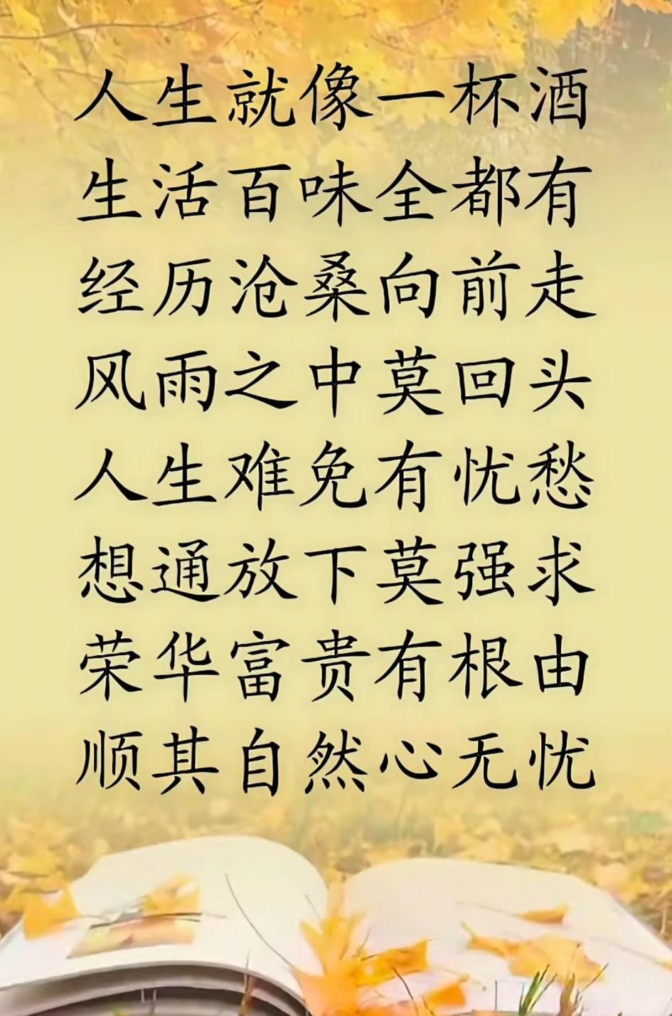 人生就像一杯酒，生活百味全都有，经历沧桑向前走，风雨之中莫回头，人生难免