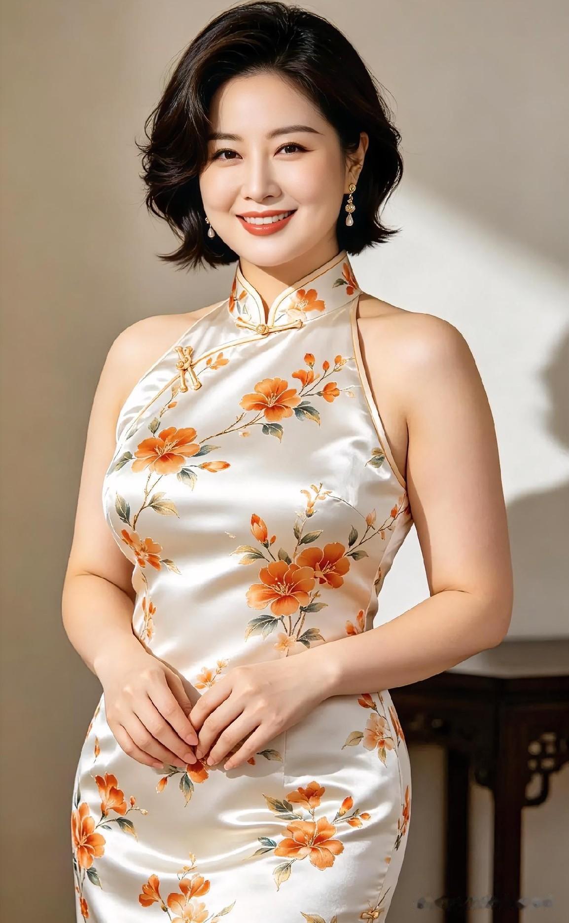 一袭繁花锦簇的挂脖旗袍，温柔了岁月，惊艳了时光。温婉的卷发与珍珠耳坠交相辉映，笑