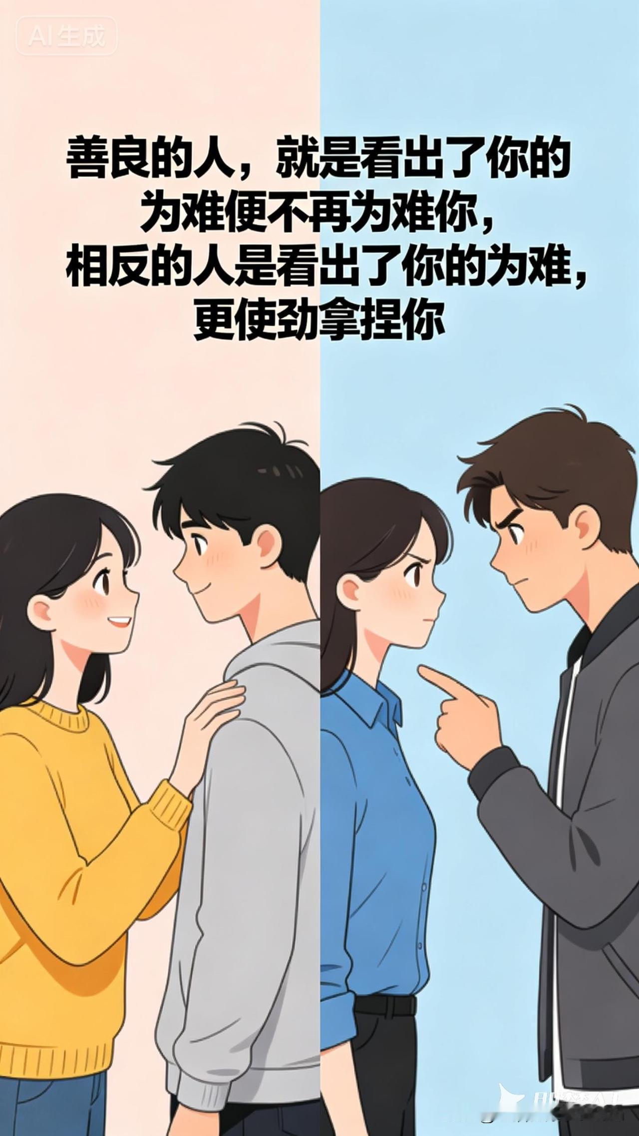 善良的人，就是看出了你的为难便不再为难你，相反的人是看出了你的为难，更使劲拿捏