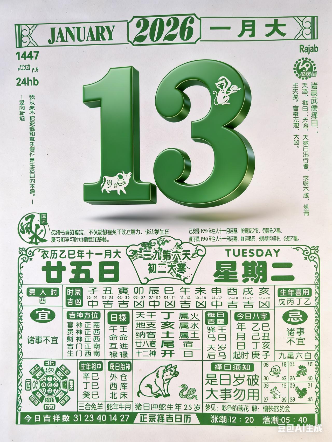 2026年1月13日是农历乙巳蛇年冬月廿五，星期二。下面用大白话给你分析一下这