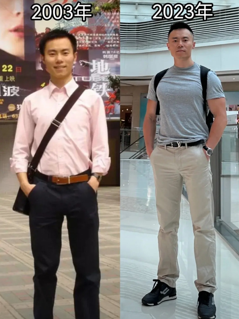 同一个人，相隔20多年。事实证明，瘦子也会变胖啊。