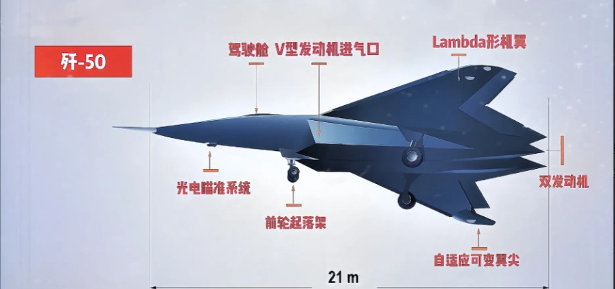 歼36和歼50的构型特点，歼36比歼50足足多出了两米