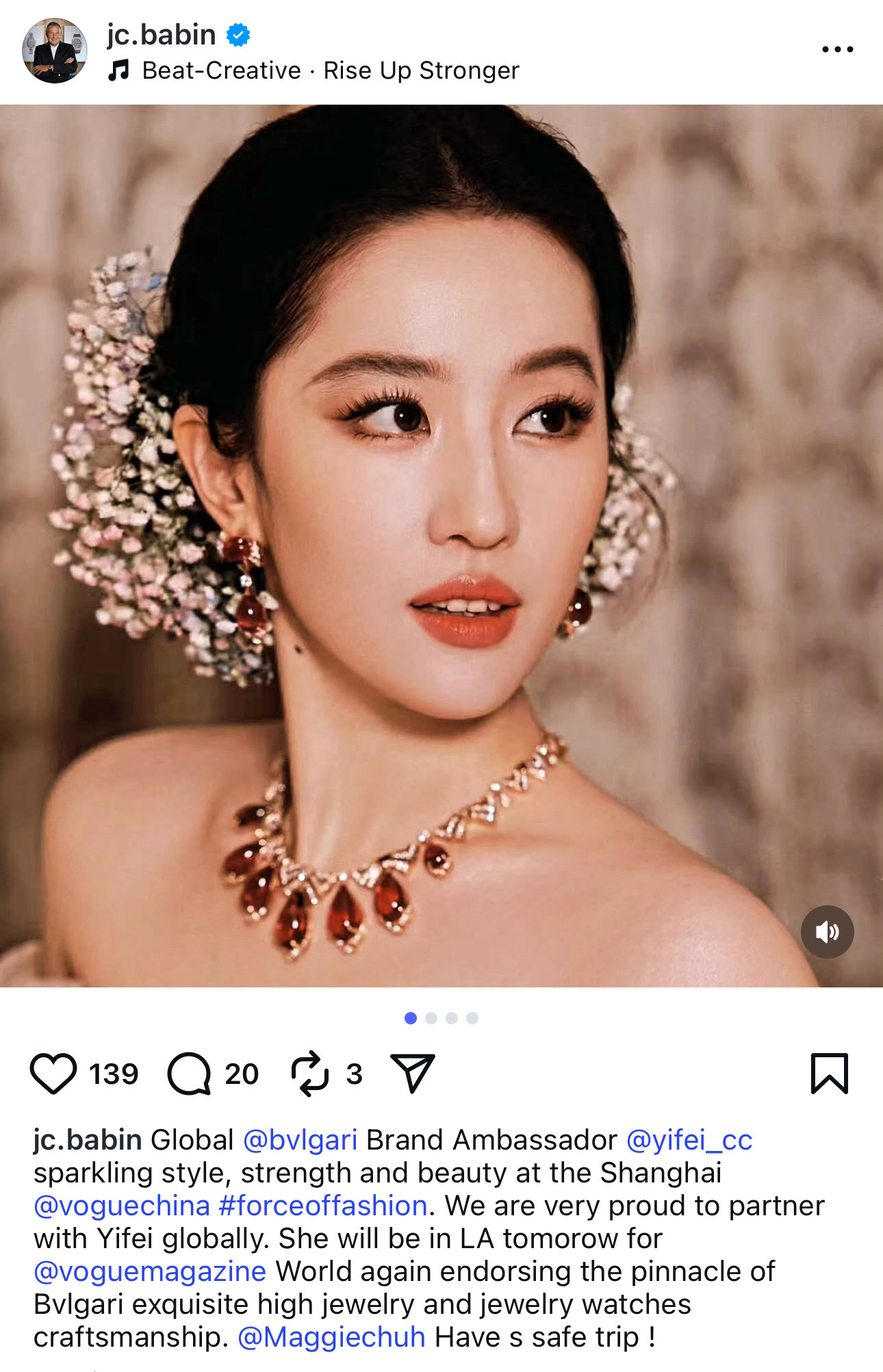 刘亦菲lyf刘亦菲宝格丽全球品牌代言人宝格丽总裁JCBabin在自己的官