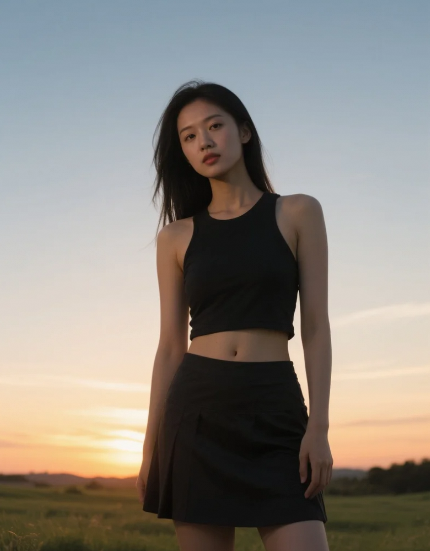落日余晖下的亚洲美女，剪影中更显神秘魅力