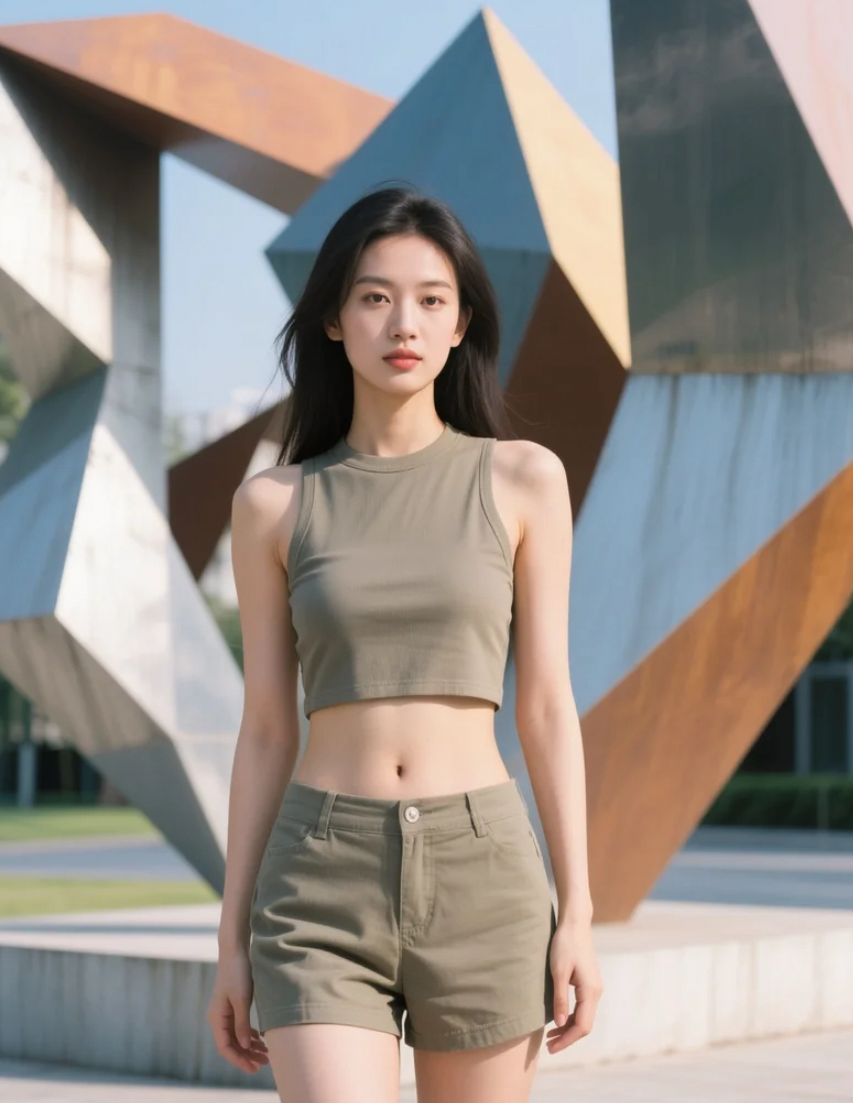 艺术装置前的亚洲美女，艺术与人的完美结合