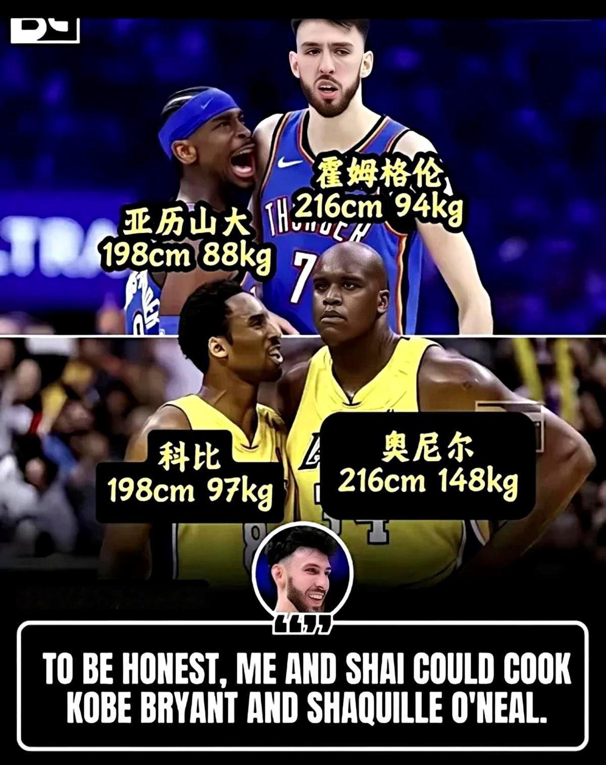 雷霆这年轻人，真敢说啊！霍姆格伦直接放话，说他和亚历山大能“打爆”奥尼尔与科