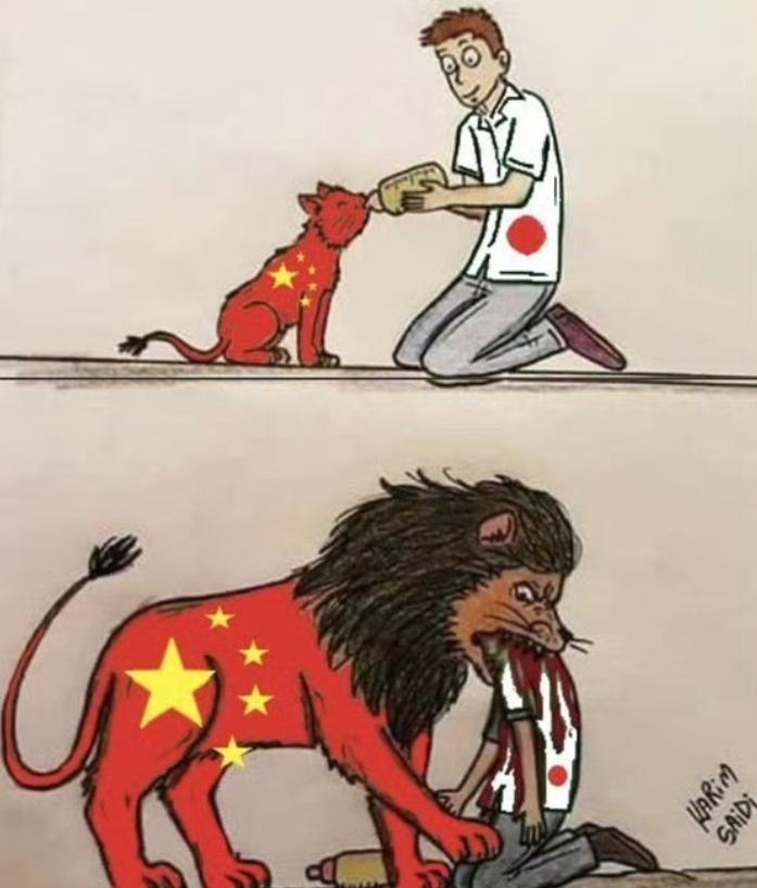 这张图最近在日本网络上突然火了，把中国画成一头狮子，意思是说中国一开始是日本“喂