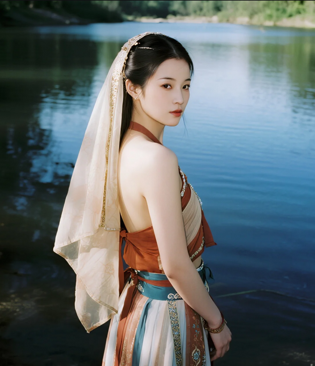 湖水映人影，古风美女太惊艳