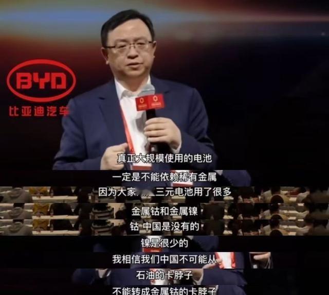 王传福“真正能大规模普及的电池，绝对不能依赖稀有金属。”三元锂用了大量钴、镍