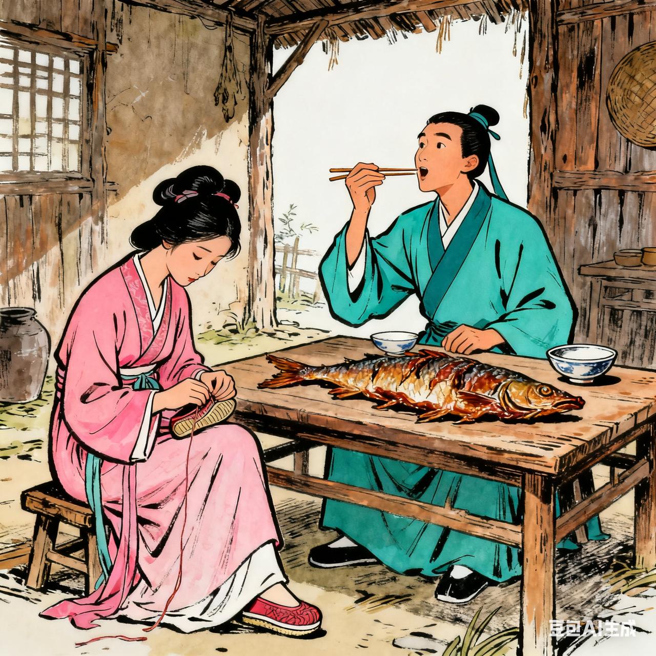 古代夫妻搞笑段子新婚不久的书生，指着桌上唯一一条风干咸鱼，用筷子虚点，神情陶