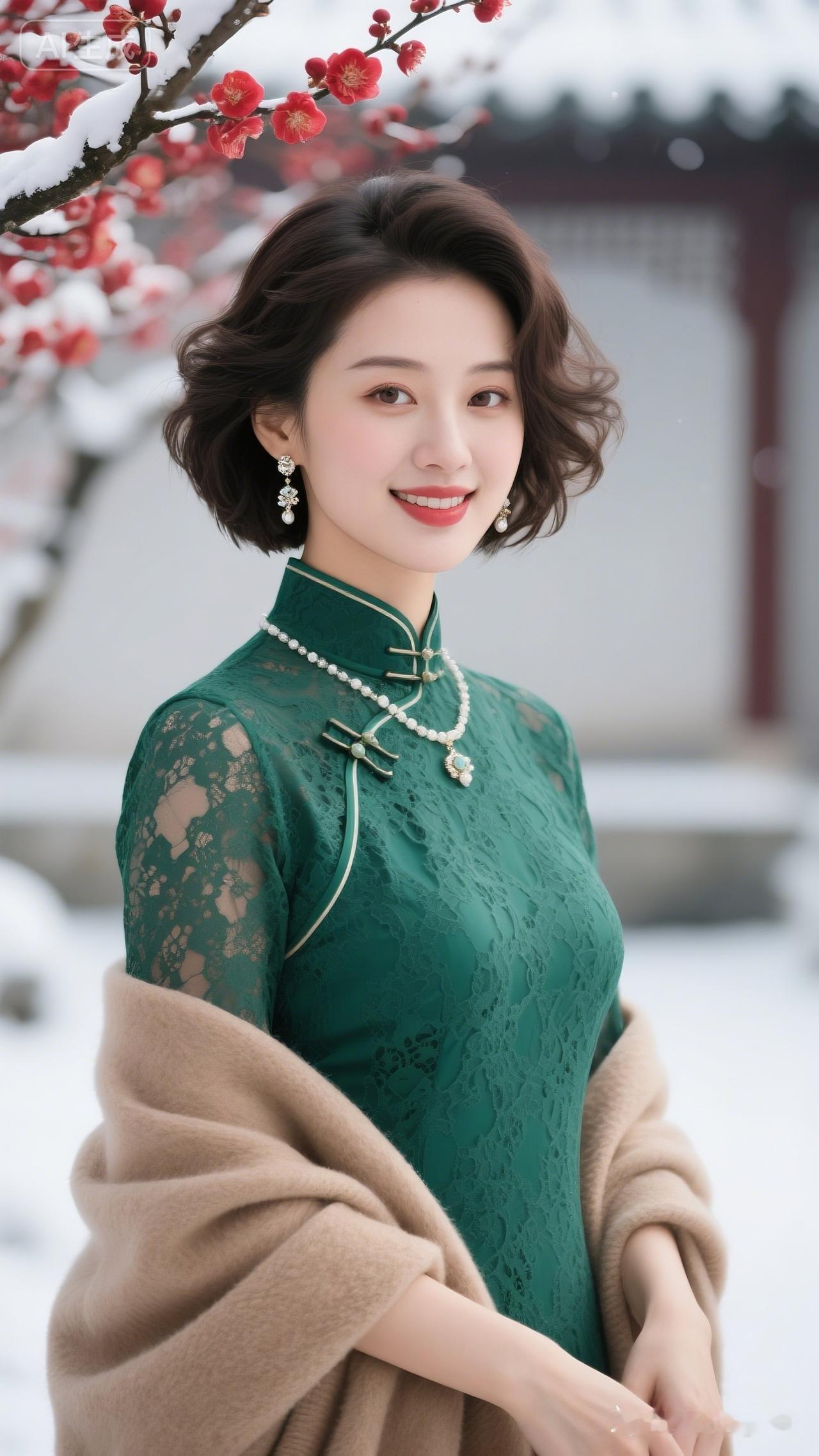 这位美女穿着绿色旗袍，笑容甜美。