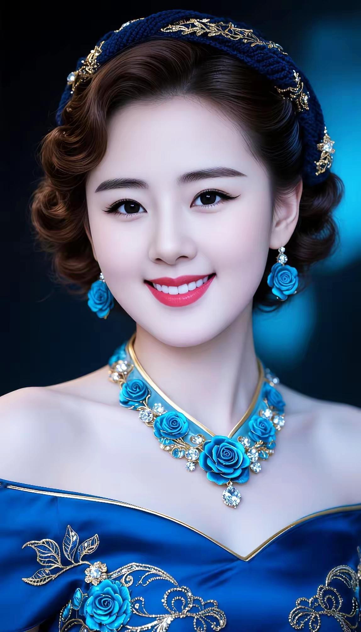 优雅蓝玫瑰项链，复古卷发，惊艳的蓝宝石配饰