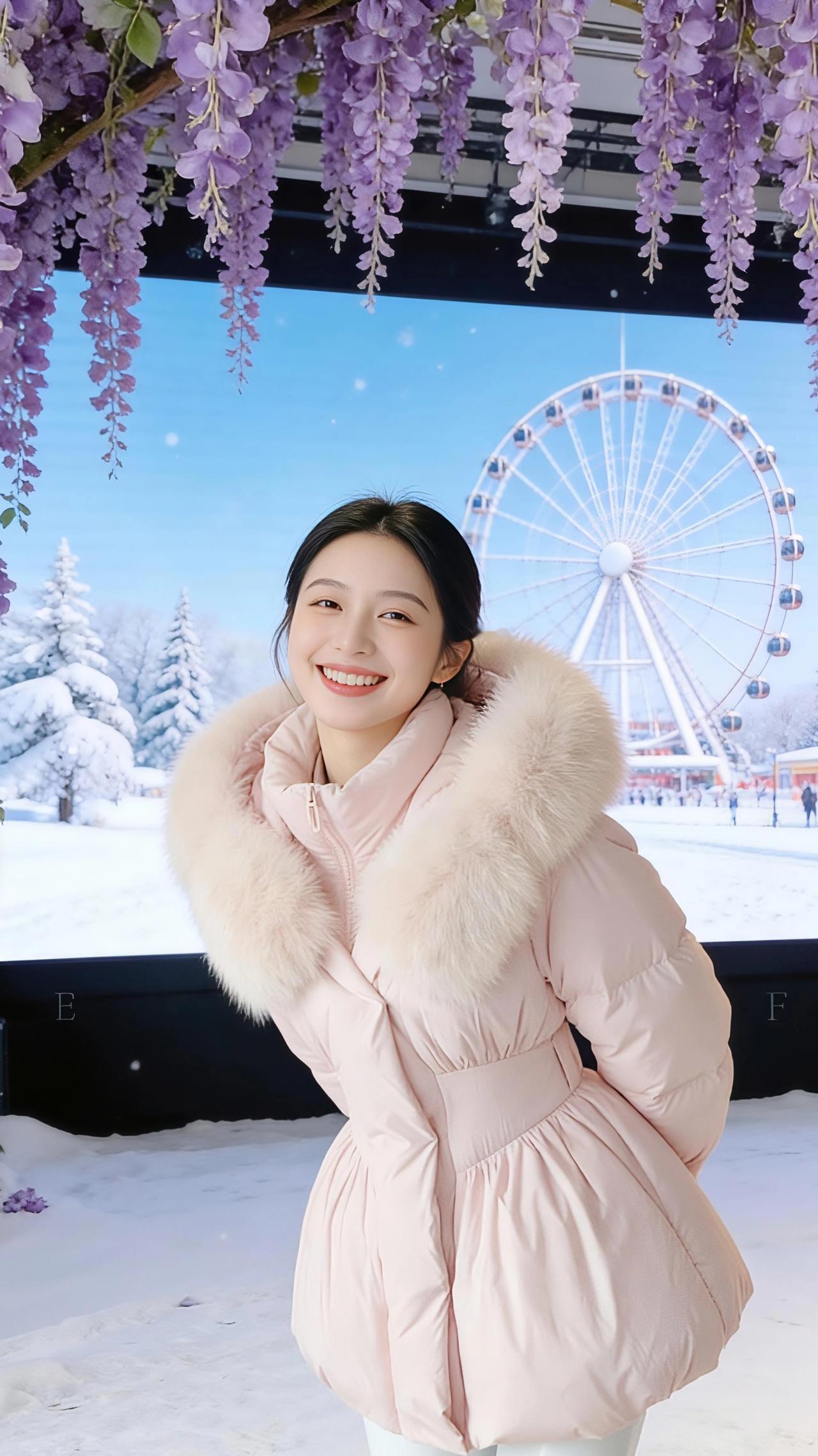 雪落满商业街的橱窗时，她裹着粉雾色的绒光，撞进冬的凛冽里。蓬松的毛领沾了细