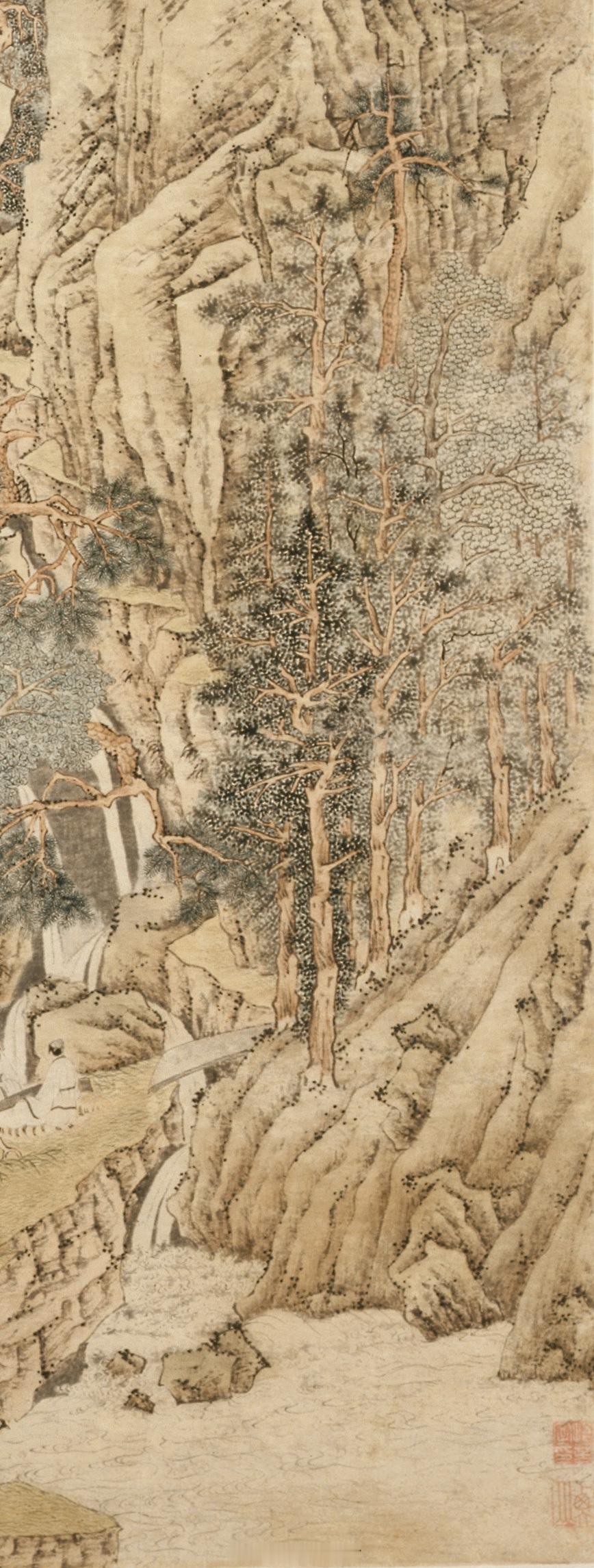 明文徵明绝壑鸣琴图纸本立轴设色绘高山绝壑，飞瀑叠泉，二高士在松荫下架