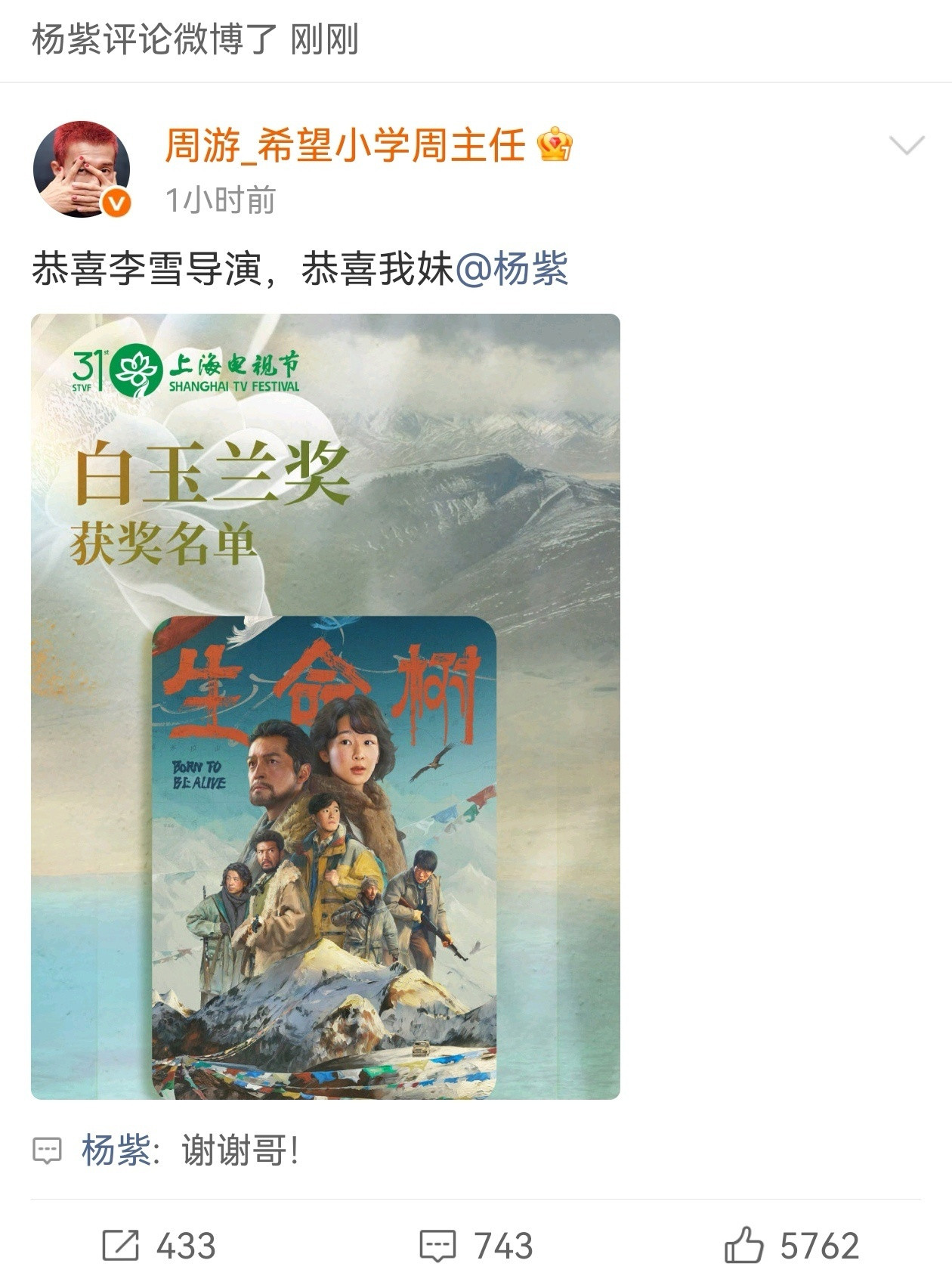 杨紫回复众星祝福杨紫挨个回复祝福特别棒的紫妹