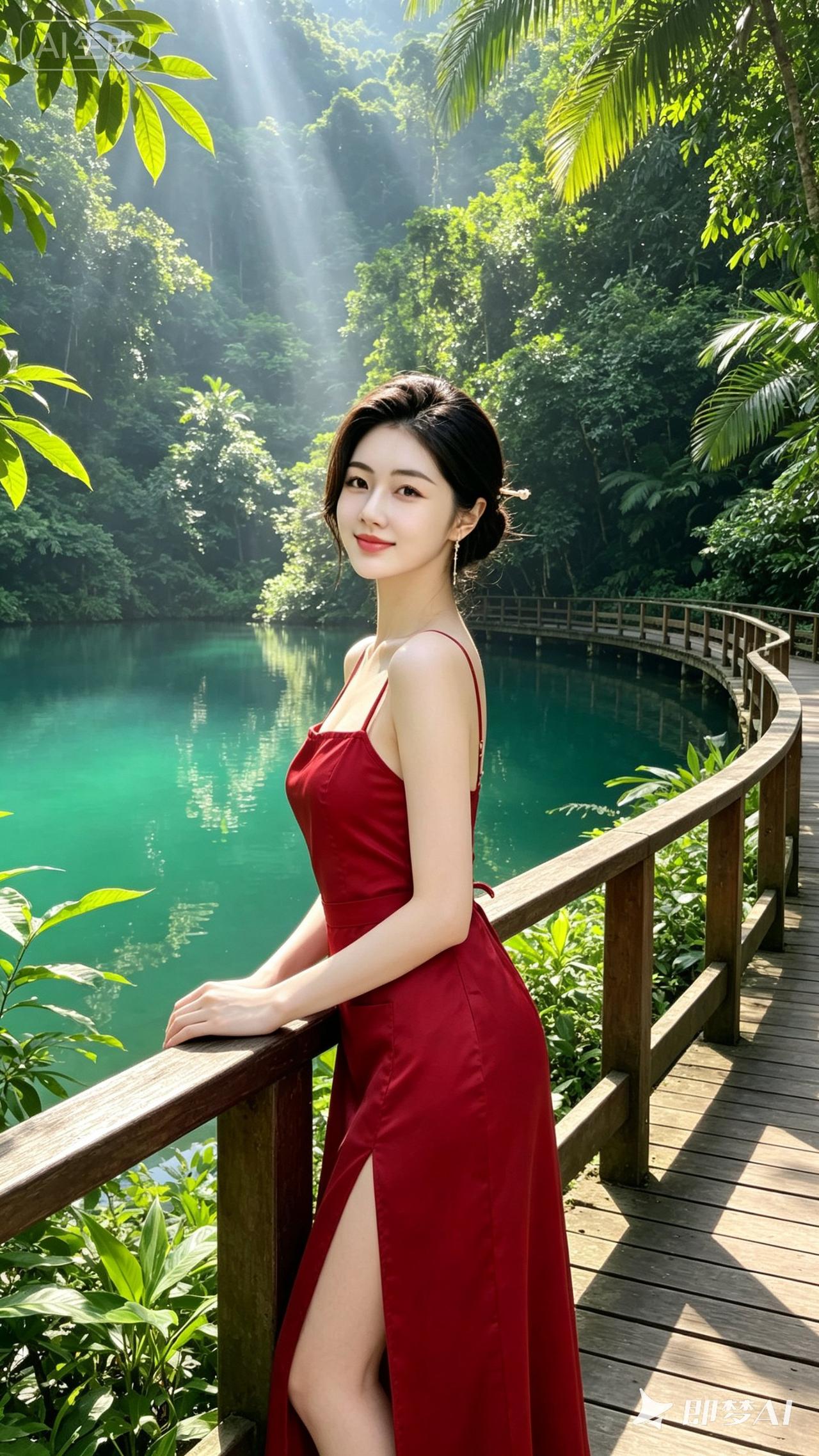 红裙美女在碧绿湖畔，阳光洒落，尽显迷人风情！🌞💃🏻