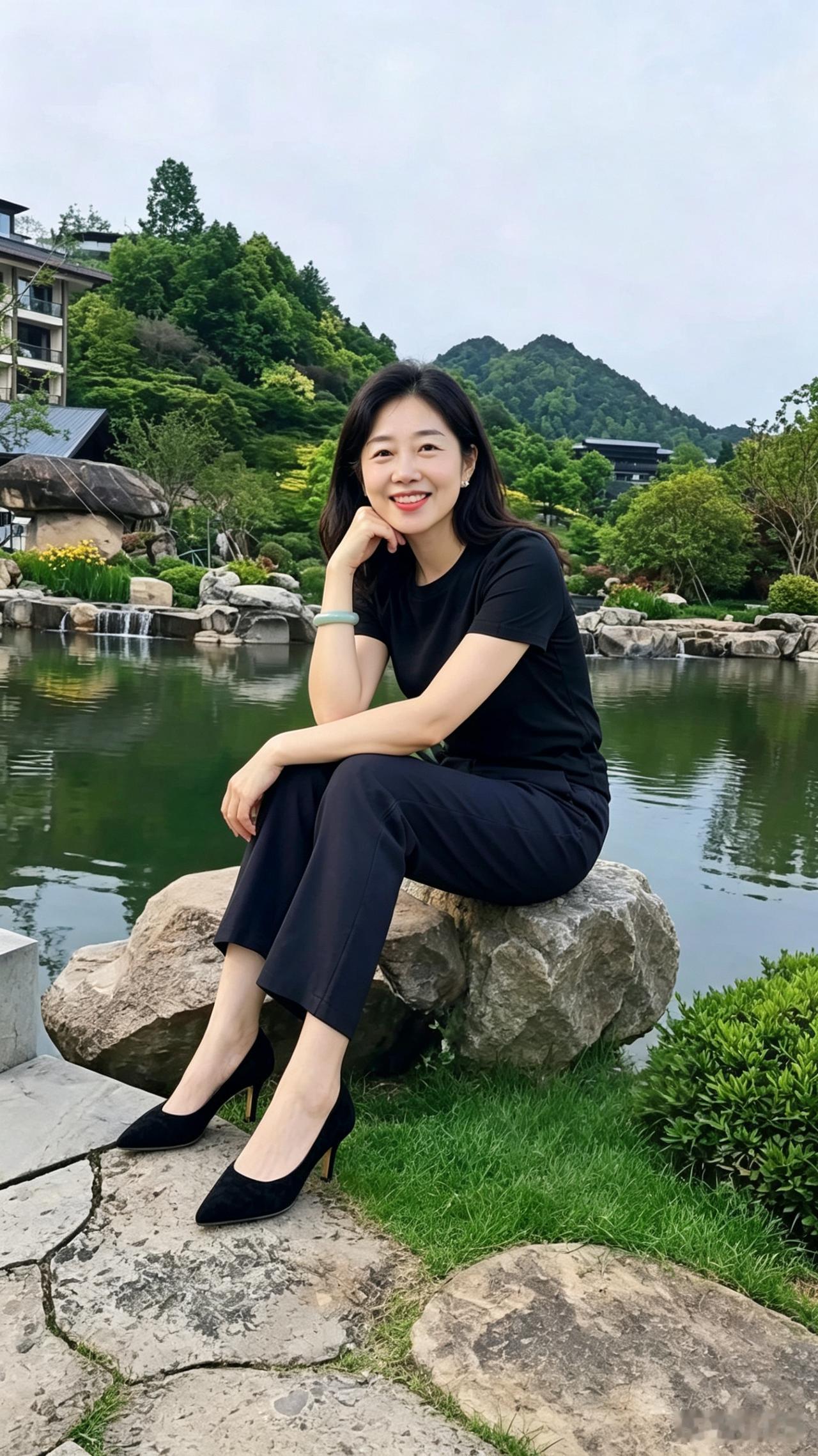 她静坐在池塘之畔，模样温婉动人，端坐于石头之上，笑容灿烂明媚。四周远方美如画