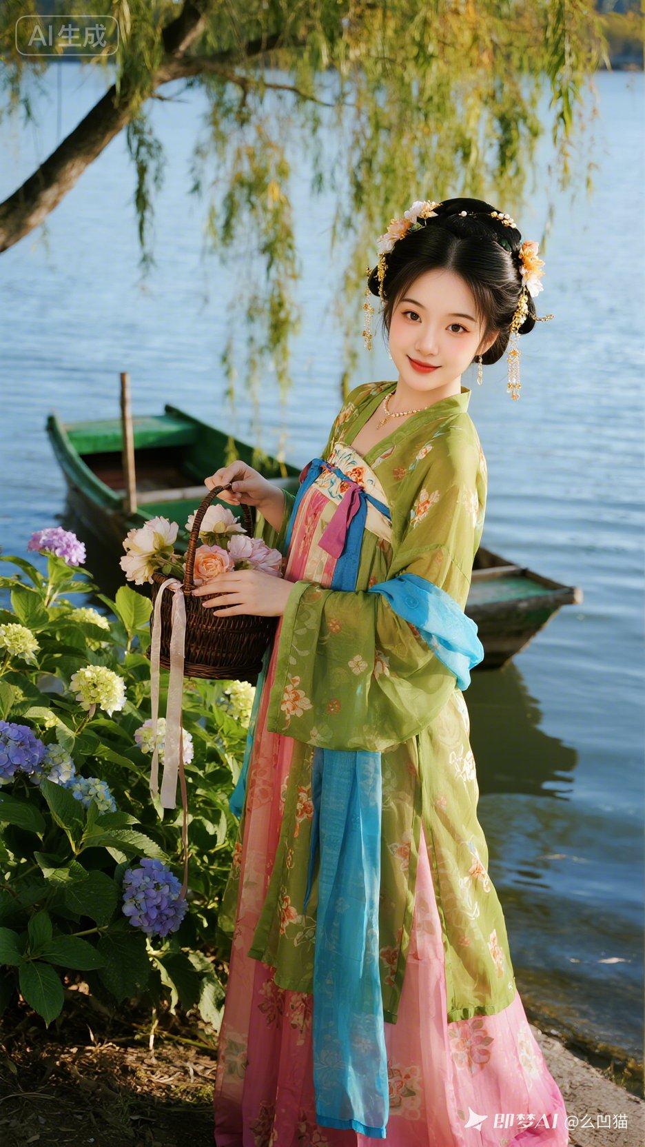 湖畔汉服少女，花篮相伴，古韵悠然！