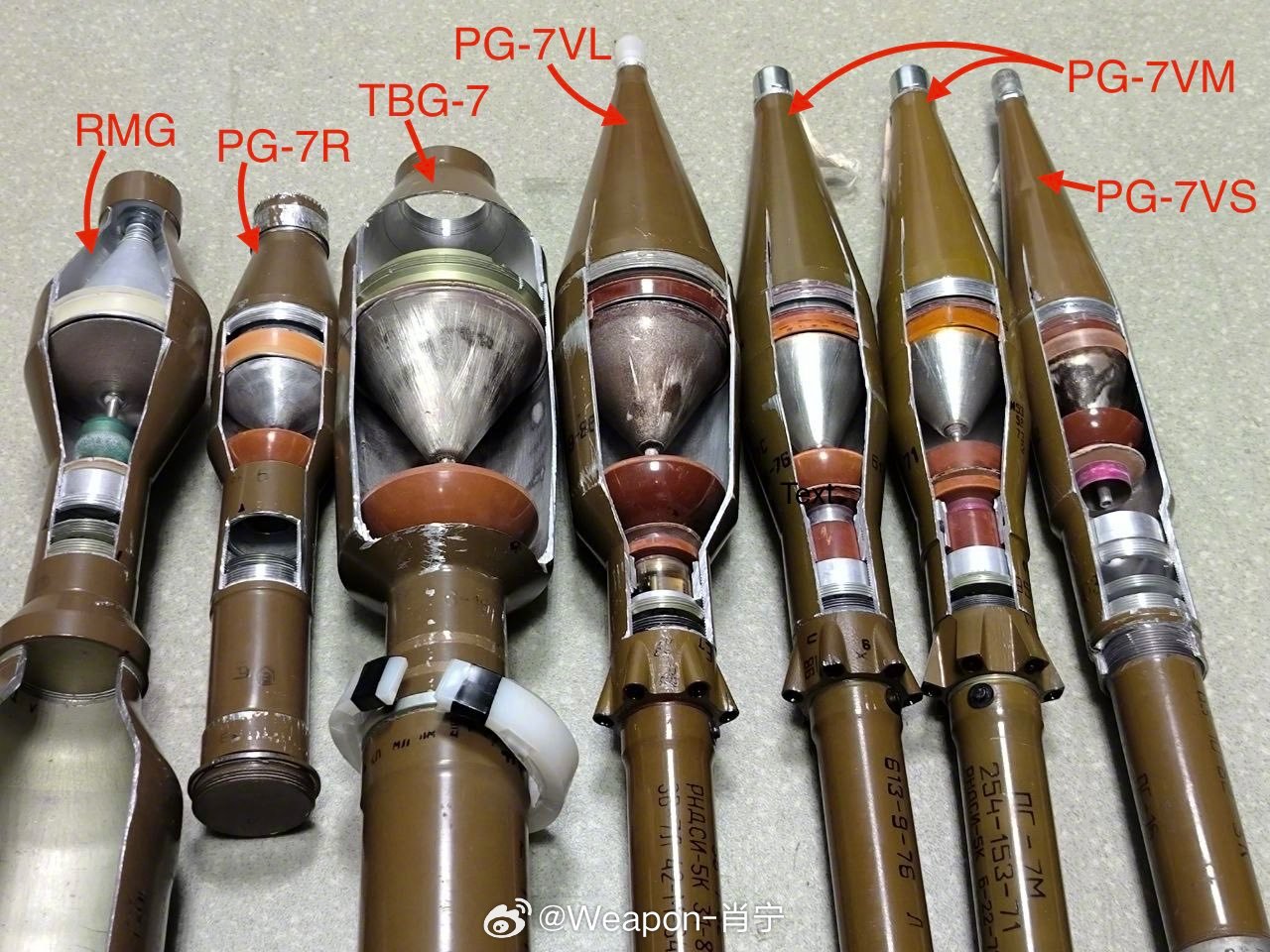 烽火问鼎计划一些常见的俄罗斯反装甲火箭弹的成型弹头剖面模型。锥形金属衬里比形成