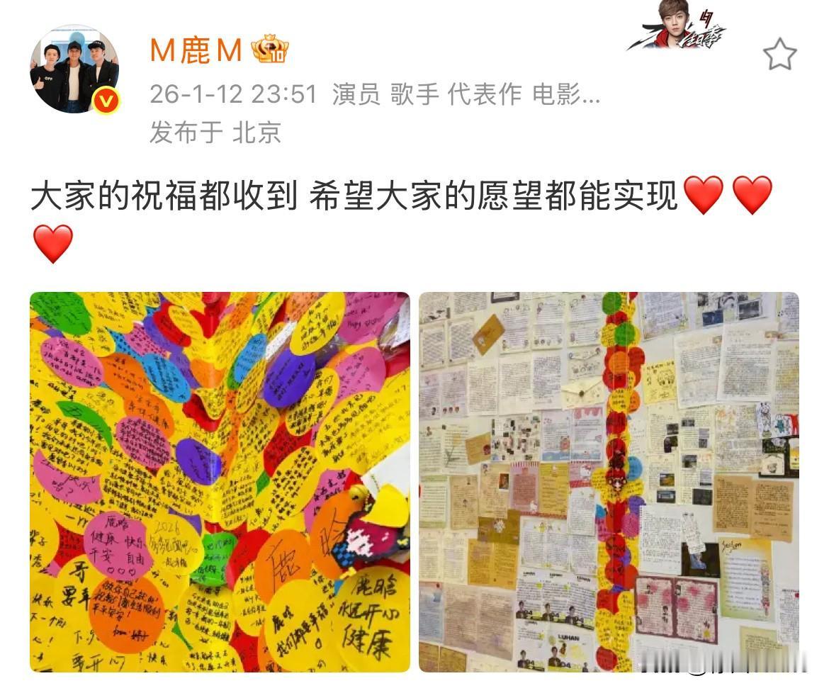 1月13日，鹿晗凌晨打卡粉丝留言墙，“大家的祝福都收到，希望大家的愿望都能实现”