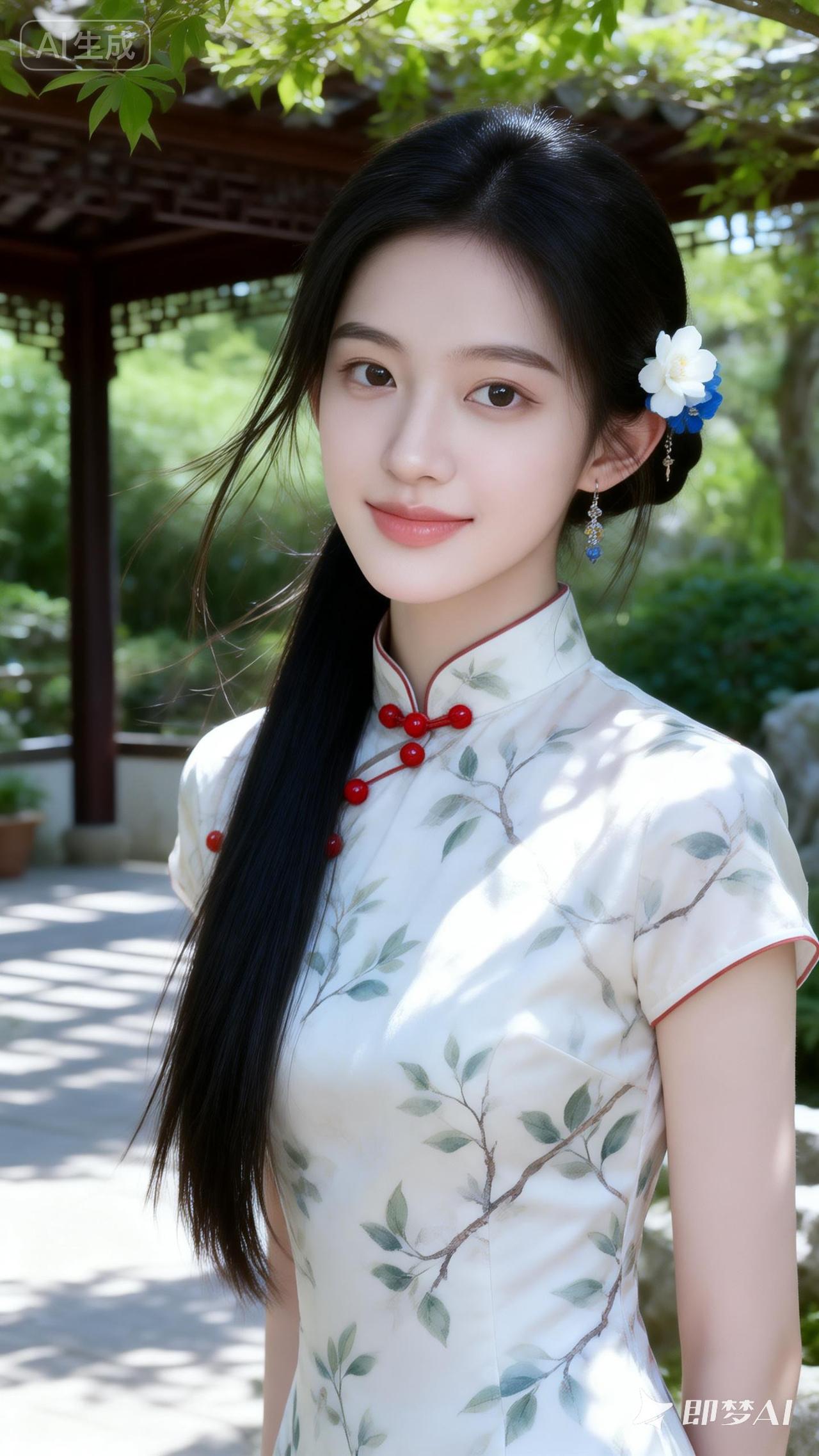 清新古典风，白衣红扣，花簪点缀，古典韵味十足。