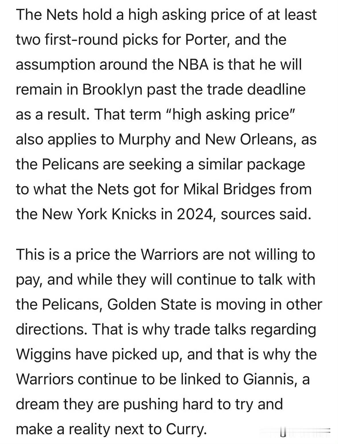 篮网不会降价，勇士转换新目标！！！勇士全力推动将字母哥交易！根据记者Bret