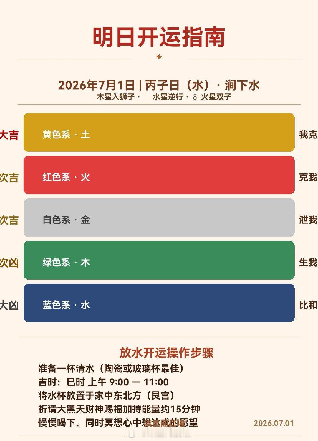 💧明日开运｜丙子日每日穿衣吉凶🎨今日丙子日，日支子属水。穿衣颜色看我克、克