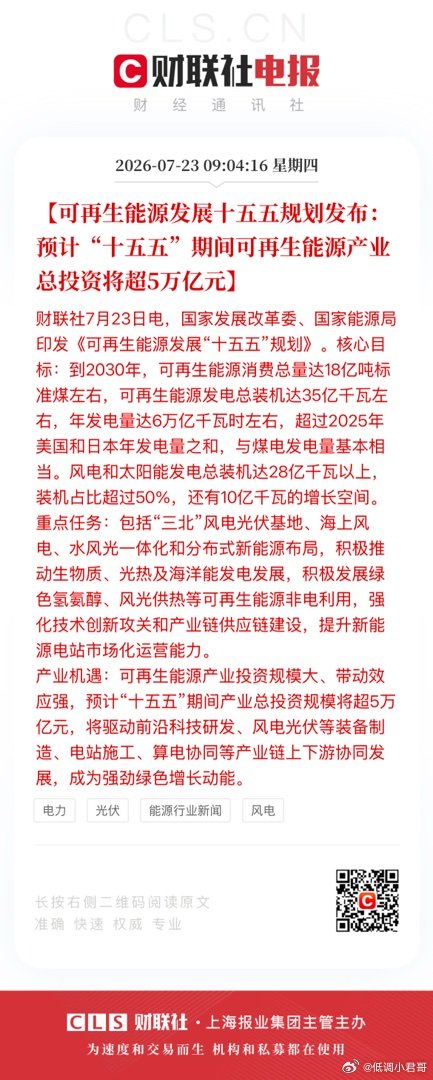 【可再生能源发展十五五规划发布：预计“十五五”期间可再生能源产业总投资将超5万亿