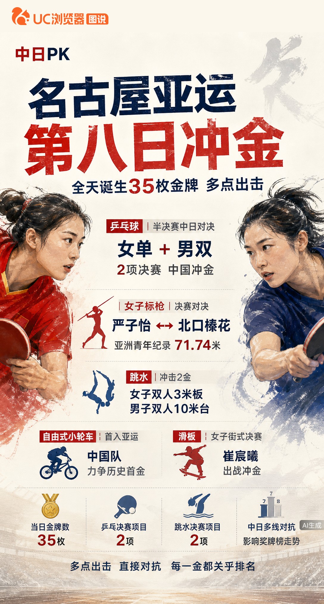 名古屋亚运第八日中日正面刚！乒乓女单男双半决赛上演对决，标枪严子怡迎战日本名将北口榛花。当日35金产