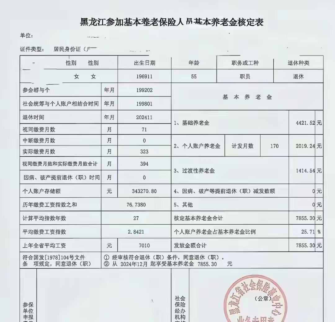 一份黑龙江参加基本养老保险人员基本养老金核定表，待遇可高了：月享基本养老金¥78