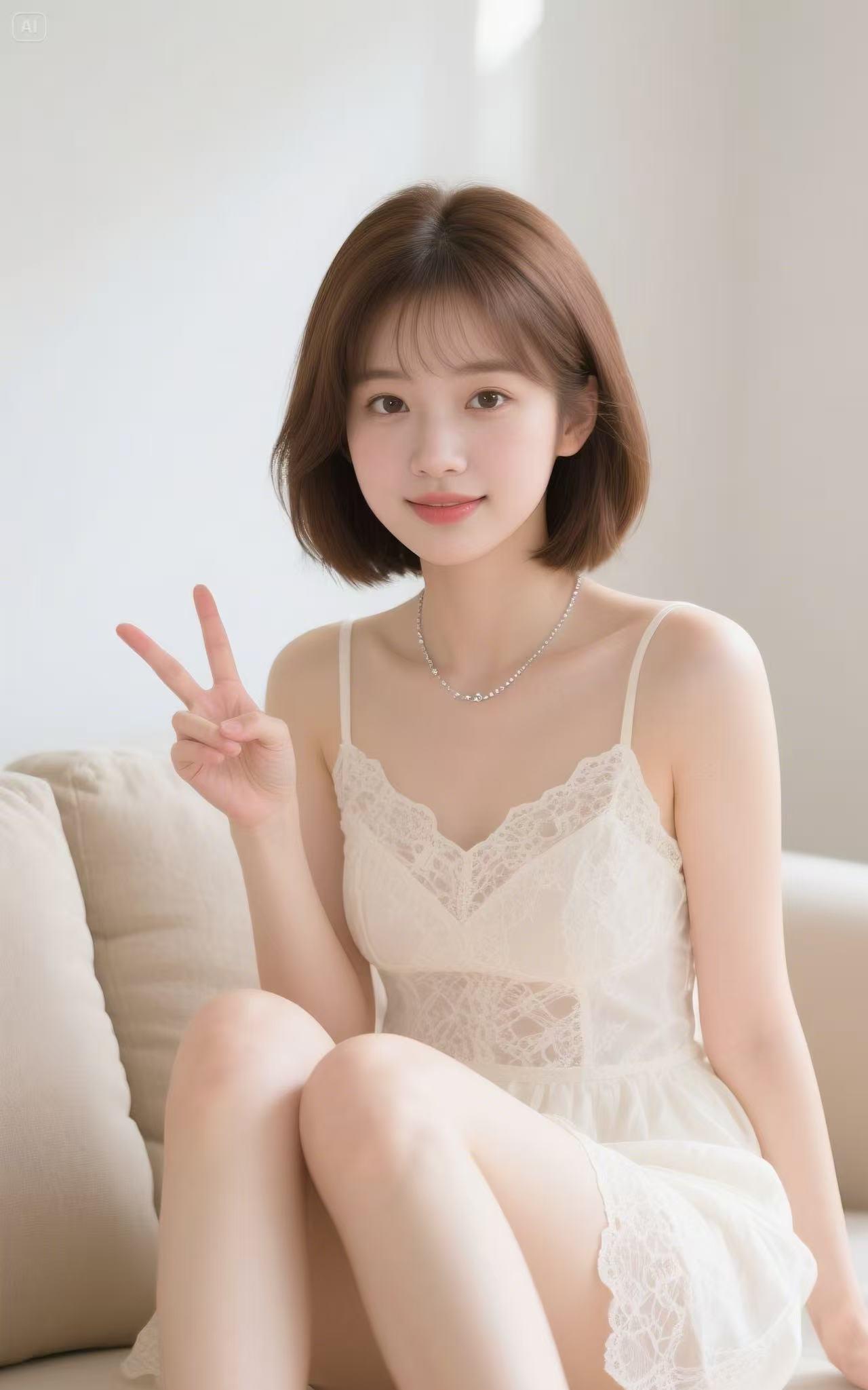 元气少女，白色蕾丝裙，微笑比V，清新自然