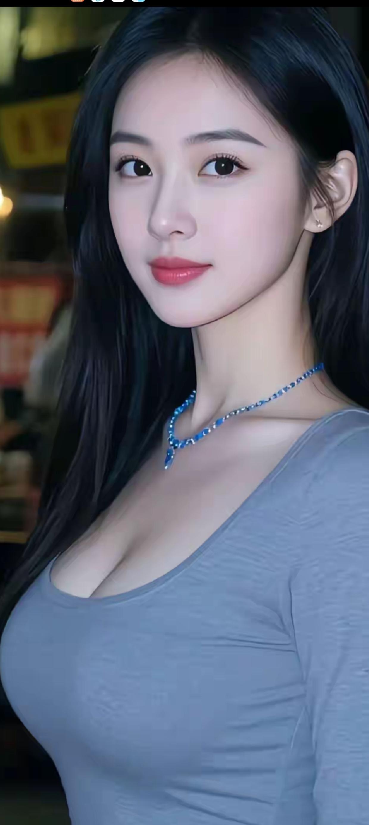 夜晚街头的温柔少女，蓝色项链点缀，美得令人心动！💙✨