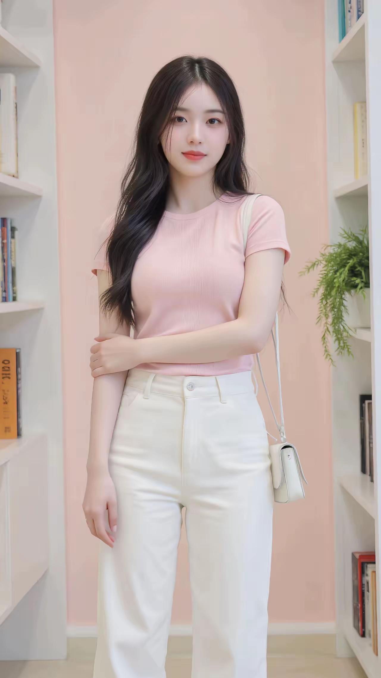 粉色短袖搭配白色牛仔裤，清新甜美，元气满满！