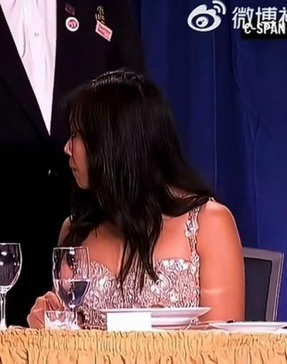 这位和特朗普聊得火热的华裔女记者是蒋维佳，当晚格外吸睛。摆拍感极强，甚至是整个晚