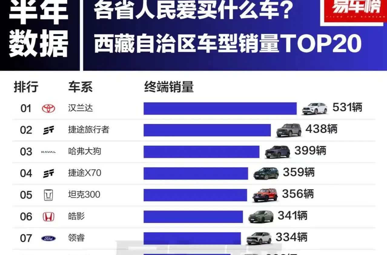 上半年西藏人民最爱买什么车型呢？丰田汉兰达531辆排名第一，也是唯一销量