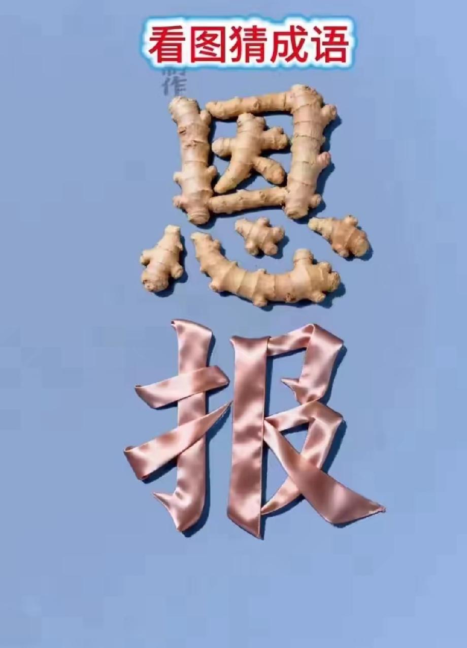 生姜摆成“恩”字加“报”字，这谐音梗成语你能秒懂吗？评论区来挑战！